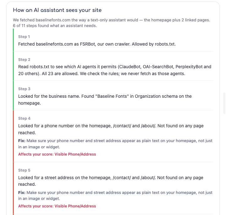 How an AI assistant sees your site walkthrough with passing steps in green and failing steps in red, each failure with its fix