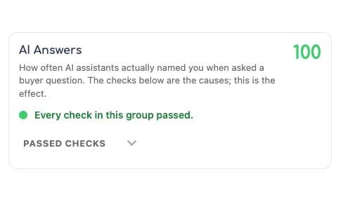 AI Answers report card scoring 100, every check in this group passed