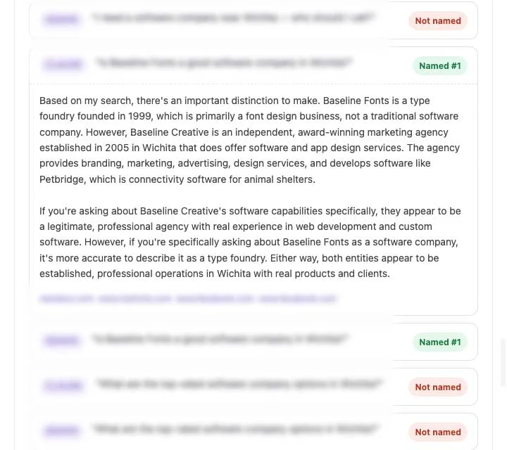 AI Answers panel from a Full Service Review report with one Claude answer expanded word for word and a Named number one badge